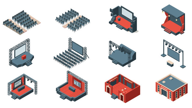 Isometric theater elements: stages, seats, lighting and more