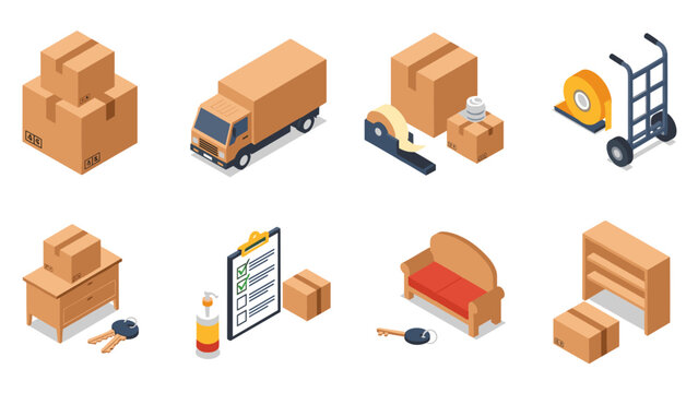 Isometric moving essentials: cardboard boxes, furniture, and tools for relocation
