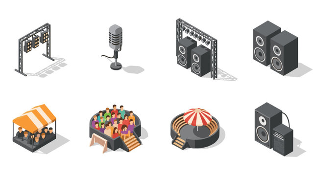 Isometric event equipment set with microphone, speakers, and stage elements for concerts and festivals