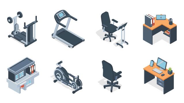 Isometric office and gym equipment set: desk, chair, cardio machines, and accessories