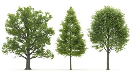 Obraz premium 3D Rendered Trees Isolated on White Background, Oak, Pine, and Birch, Nature Illustration.