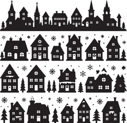 black silhouette houses and trees with snowflakes on white background