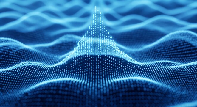 Dynamic blue digital wave pattern with glowing particles rising - Powered by Adobe