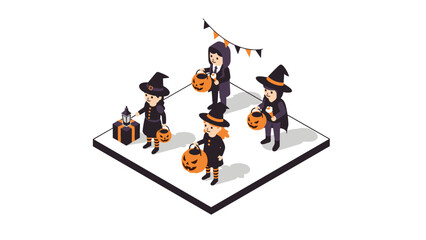 Isometric halloween kids in costumes celebrating with pumpkins and lanterns