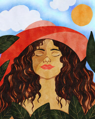 Watercolor illustration of  curly haired woman wearing a red sunhat, eyes closed in serenity, surrounded by leaves under a sunny sky. Perfect for summer, self-love, nature, and wellness concepts.