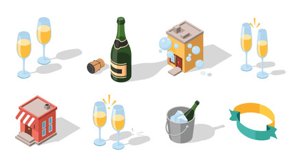 Isometric celebration scene with champagne, toasting glasses, and festive elements © Maureen