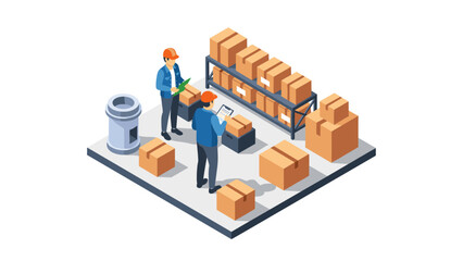 Warehouse workers managing inventory in isometric style with cardboard boxes