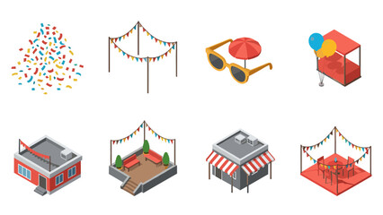 Isometric summer festival elements with decorations and accessories © Maureen
