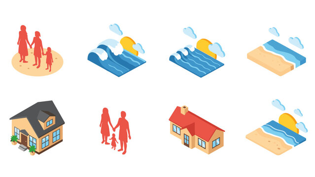 Isometric set of family, beach, and house icons for design projects