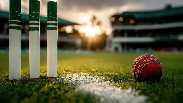 Cricket field at sunset with ball near wickets