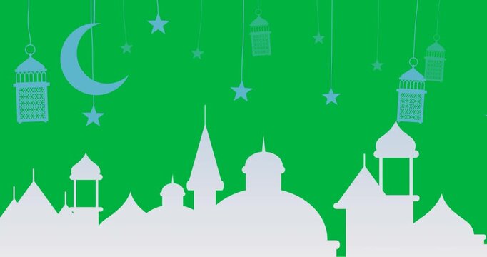 Animation of crescent moon, stars and laptions in blue over mosque buildings on black background