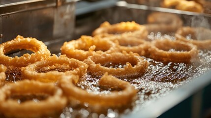 Golden onion rings frying in hot oil, commercial kitchen