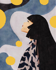 Watercolor pop art illustration of  stylish woman with long black hair in  patterned outfit,surrounded by abstract dots and yellow circles.Great for modern design, fashion, and retro-inspired themes © Anchalee