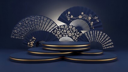Elegant podium display with decorative fans against blue background