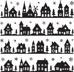 black silhouette of houses and trees with snowflakes on white background