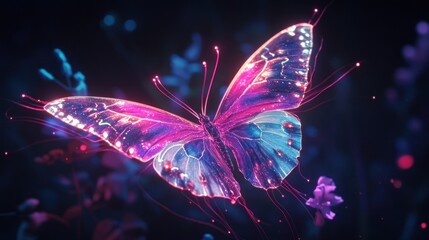Glowing Butterfly in Dark Floral Garden Scene