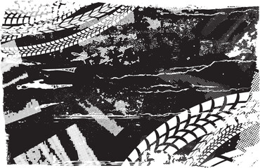 Naklejka premium Vector Print Textured Tire Track banner. Design Element . Car tread silhouette . Mud splash grunge texture. Drift show 