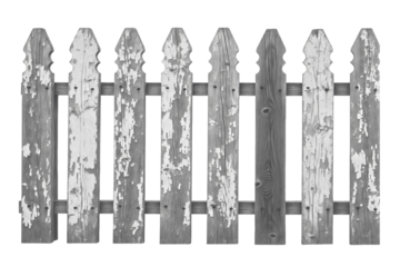 A old wooden fence with rustic paint isolated on a white or transparent background.