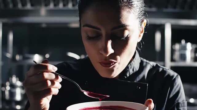 Chef Tasting Beet Soup Creation In Professional Kitchen Setting With Expressive Facial Expressions