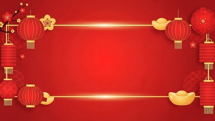 Festive red lanterns and decorations on a gold frame for celebrations