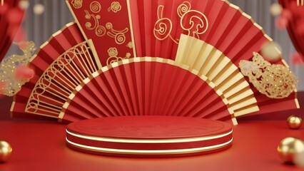 Festive red pedestal with fans creating a celebratory backdrop copy space