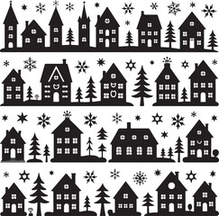 black and white illustration of houses and trees with snowflakes