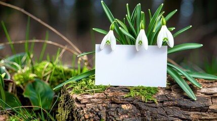 Snowdrop Flowers with Blank Card on Tree Stump Surrounded by Natural Greenery in Forest Setting