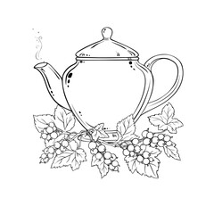 Black Currant Tea in Teapot Outline Illustration.