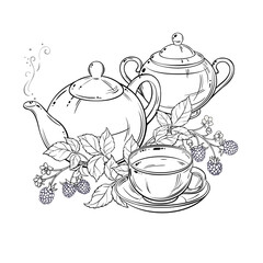 Blackberry Tea in Teapot Outline Illustration.