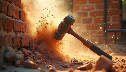Hammer impacts brick wall creating explosion of dust and debris. Construction work progresses. Building demolition or renovation starts. Bricks crumble on ground.