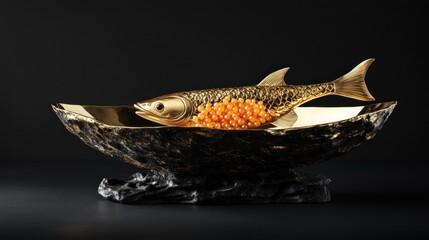 Gold Fish with Red Caviar in Ornate Bowl on Black Background
