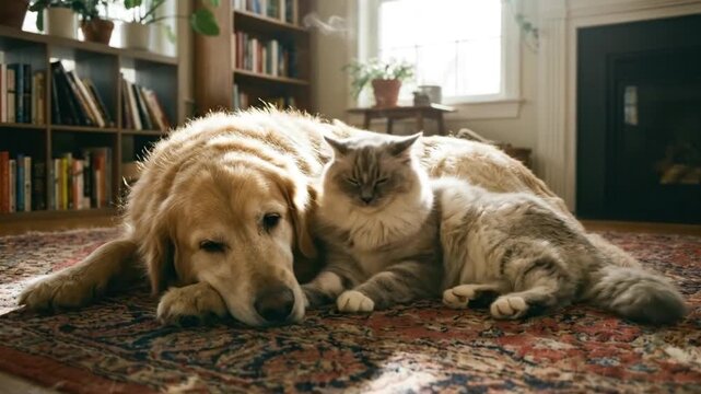 A beautiful golden retriever dog and a striped tabby cat lie peacefully side-by-side on a classic patterned rug, showcasing an endearing scene of interspecies companionship and domestic tranquility. T