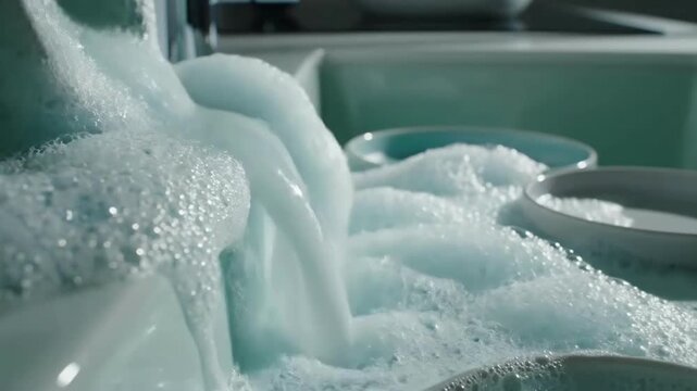 Bubbling Overflow: Captivating Close Up Of A Sink Overfilled With Suds And Dishes