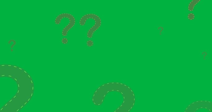 Digital animation of multiple green question mark icons floating against black background