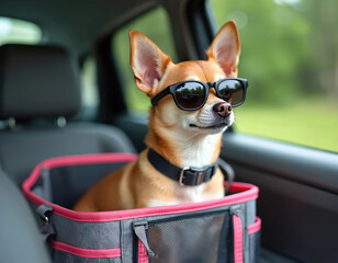 Chihuahua dog with sunglasses rides in car carrier bag. Small pet travels safely in vehicle on road trip. Cute puppy enjoys journey looking out window.