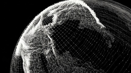 An abstract depiction of Earth, rendered in a striking white wireframe against a stark black backdrop. This image embodies global interconnectedness, scientific exploration.