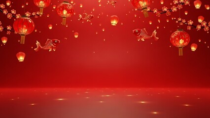 Festive scene with red lanterns and decorative elements against a solid backdrop