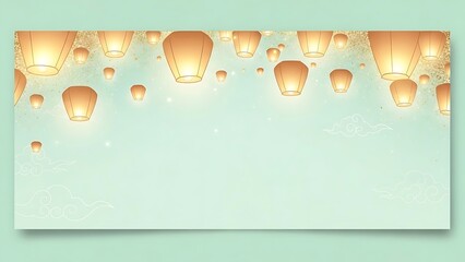 Floating lanterns illuminate night sky background with copy space for design