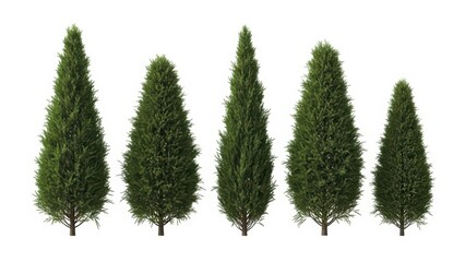 Obraz premium Row of Lush Green Cypress Trees on White Background - Coniferous Plants