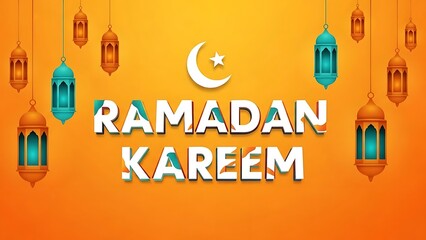 Ramadan kareem greeting with crescent moon and decorative lanterns on orange background
