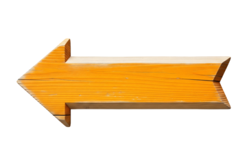 A orange wooden arrow sign isolated on a white or transparent background.