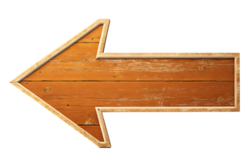 A orange wooden arrow sign isolated on a white or transparent background.