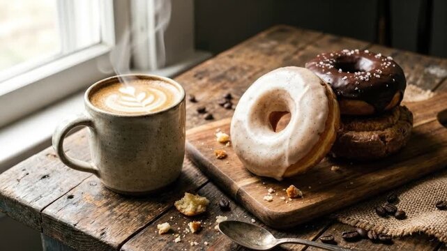A beautifully composed scene features a steaming mug of artisanal coffee adorned with delicate latte art, positioned beside a delectable stack of freshly baked donuts. The assortment includes a glossy