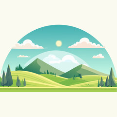 Obraz premium Vector illustration of a summer rural landscape with green fields, rolling hills, and trees under a sunny sky with clouds in a natural countryside environment