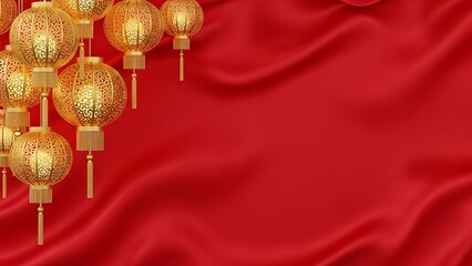 Golden lanterns on red fabric festive background with copy space