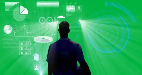 Rear view of male rugby player against digital interface with data processing and round scanner - Powered by Adobe