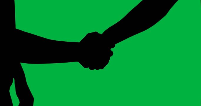 Digital animation of silhouette of mid section of two shaking hands against white background