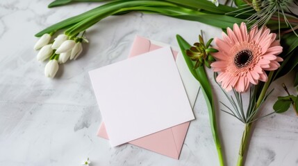 Elegant flat lay composition with pink flower, white tulips, blank cards, and greenery on a marble surface