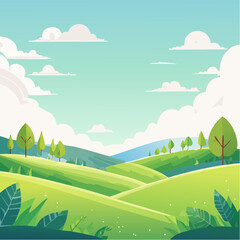 Obraz premium Cartoon illustration of a summer nature landscape featuring green hills and mountains under a blue sky with clouds, trees, and a sunlit meadow field