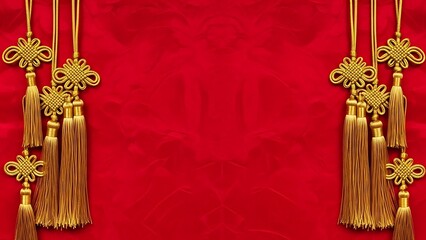 Golden ornaments and tassels hanging against a red background